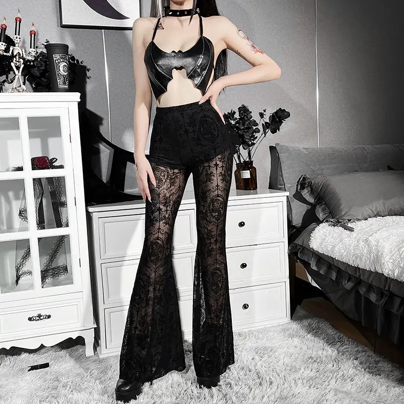 

Dark Goth Subculture Black Lace Flares See-through High-waisted Design Pants Spicy Girl Hotsweet Sexy
