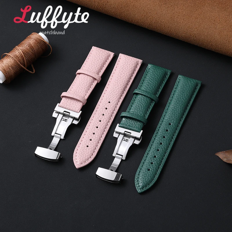 Elegant Lychee Leather Watch Band with Butterfly Buckle - Includes Gift Box