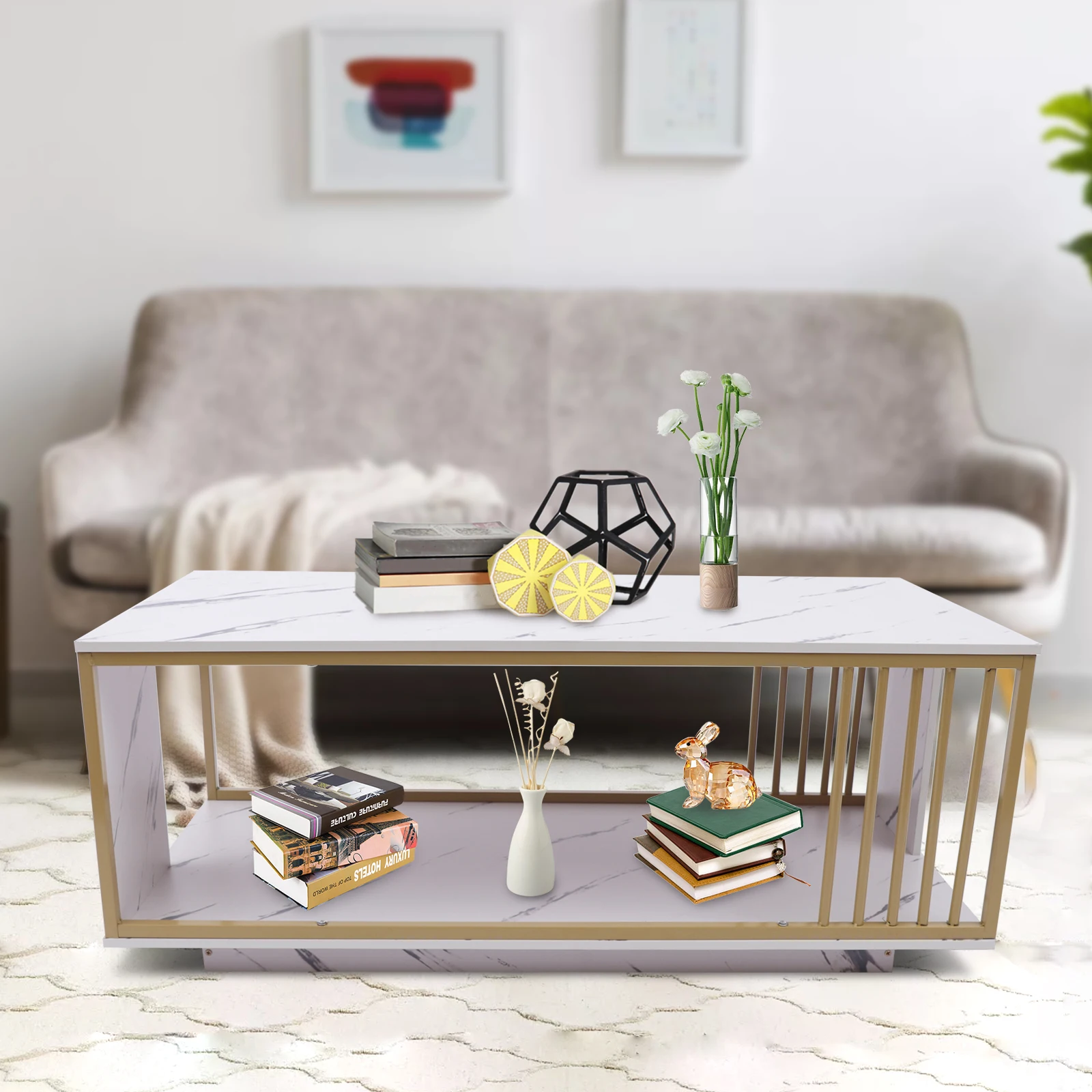 Modern Faux Marble Coffee Table 2 Tier Center TV Table Cocktail Sofa End with Gold Frame for Living Room