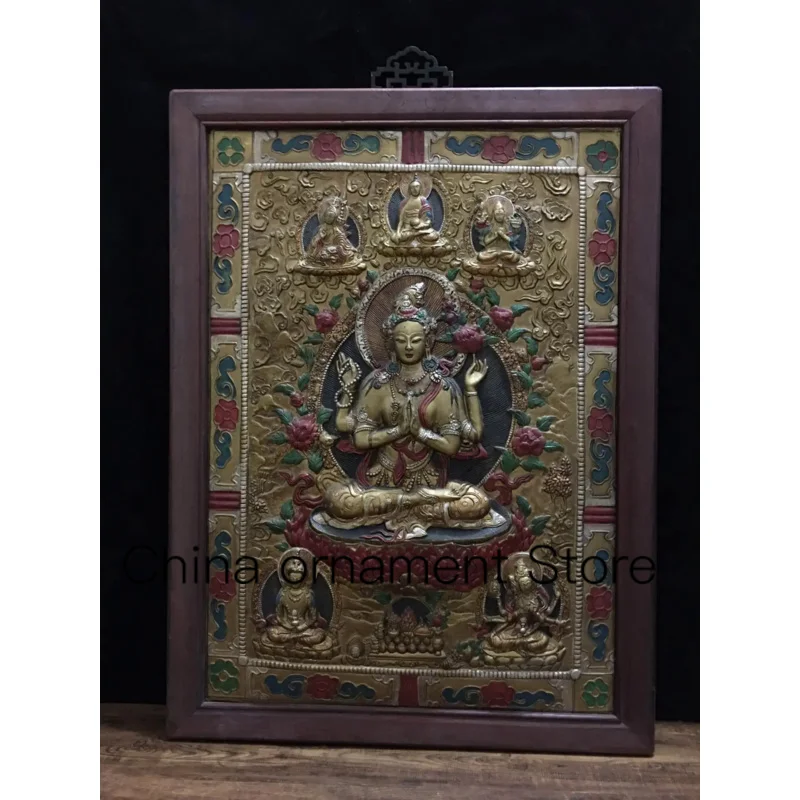 

high-quality mahogany framed pure copper relief four arm Guanyin Bodhisattva Thangka