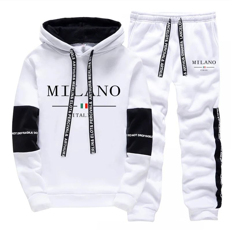 New in Men's Tracksuit Popular City Printing Casual Hooded Sweatshirts 2 Piece Set Daily Black White Clothing Men Jogging Set 3