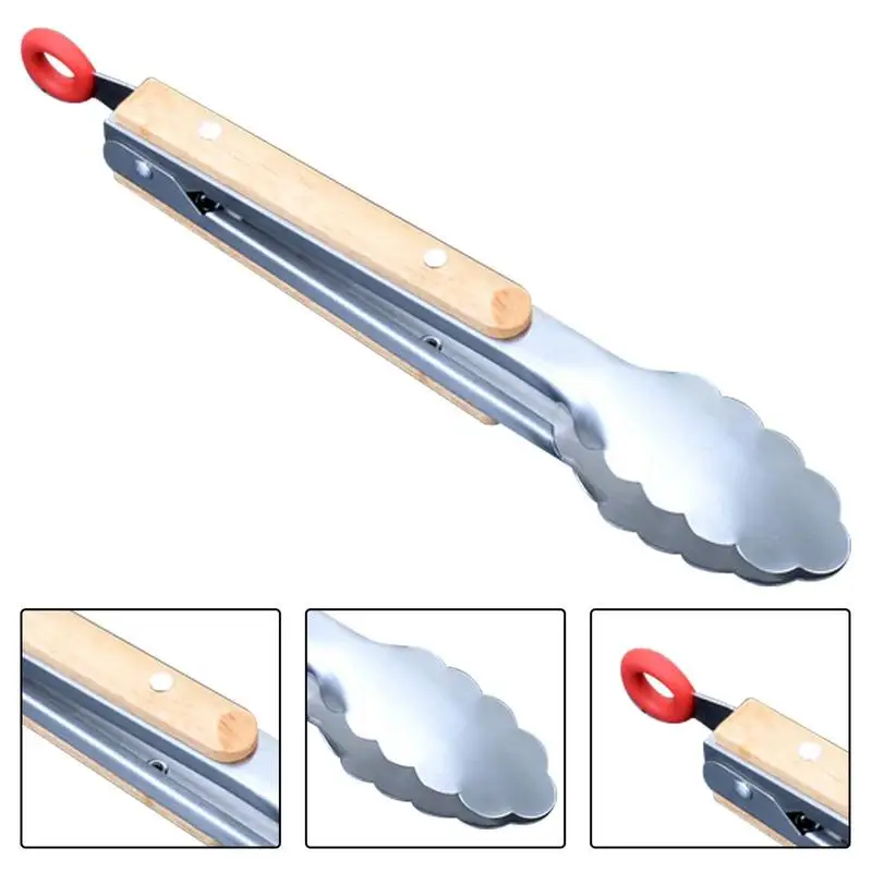 Stainless Steel Kitchen Tongs Locking Food Clips With Ergonomic Wooden Handle Kitchen Food Tongs For Cooking Grilling Barbecue