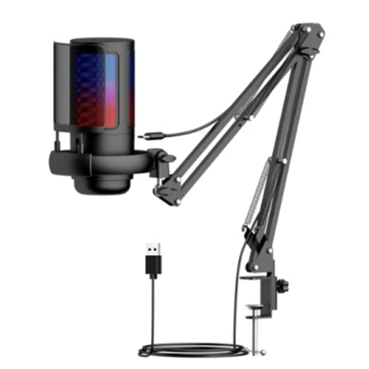조정 가능한 암 스탠드가 있는 게임용 RGB 녹음 마이크, USB 데스크탑 콘덴서 마이크, 팟캐스팅 스트리밍용