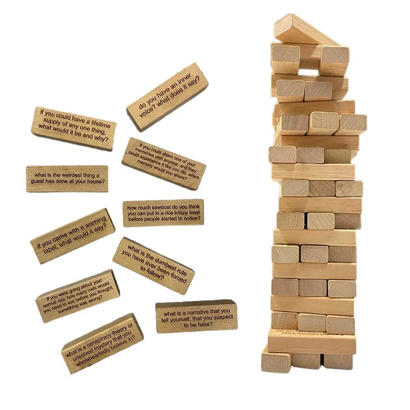 54 PCS Questions Tumbling Tower Game Ice Breaker Questions Tumbling Wood Color Wooden Giant Wood Stacking Game With Scoreboard 6