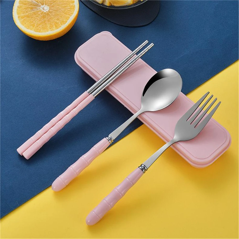 Stainless Steel Portable Cutlery Set Student Work Outdoor Travel Fork Spoon Chopsticks Three-piece Reusable Box