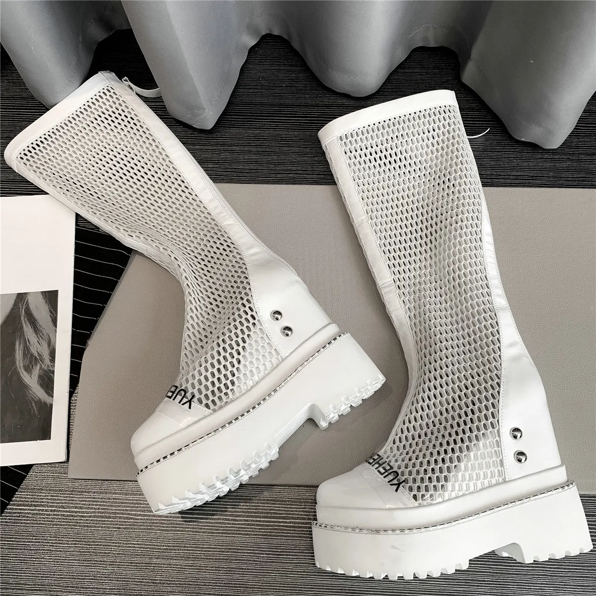 Chunky Platform Pumps Women Genuine Leather High Heel Gladiator Sandals Female Hollow Round Toe Knee High Boots Casual Shoes