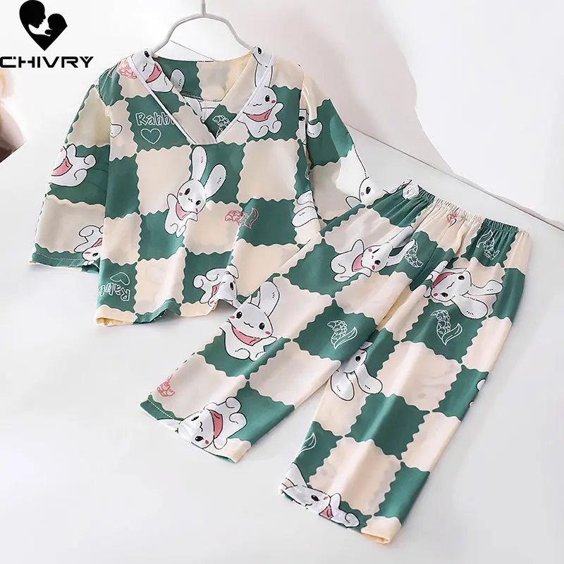 

New 2023 Kids Boys Girls Summer Thin Pajamas Sets Cartoon Long Sleeve V-Neck Cute T-Shirt Tops with Pants Baby Pyjamas Homewear