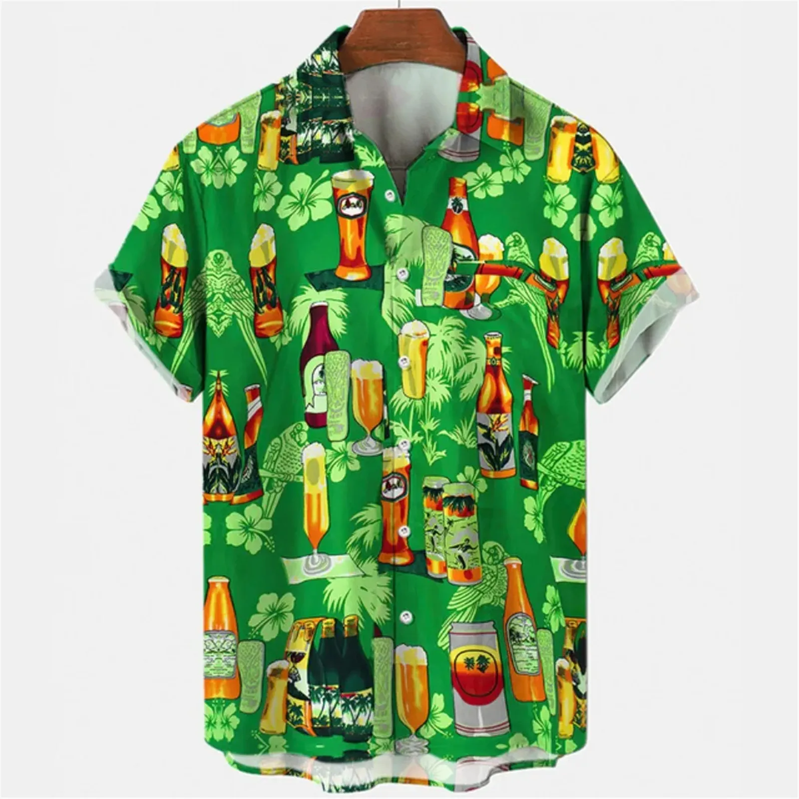 

HX Fashion Mens Shirts Hawaiian Tropical Plant Flowers Beer 3D Printed Hawaii Beach Shirt Short Sleeve Tops Men Clothing