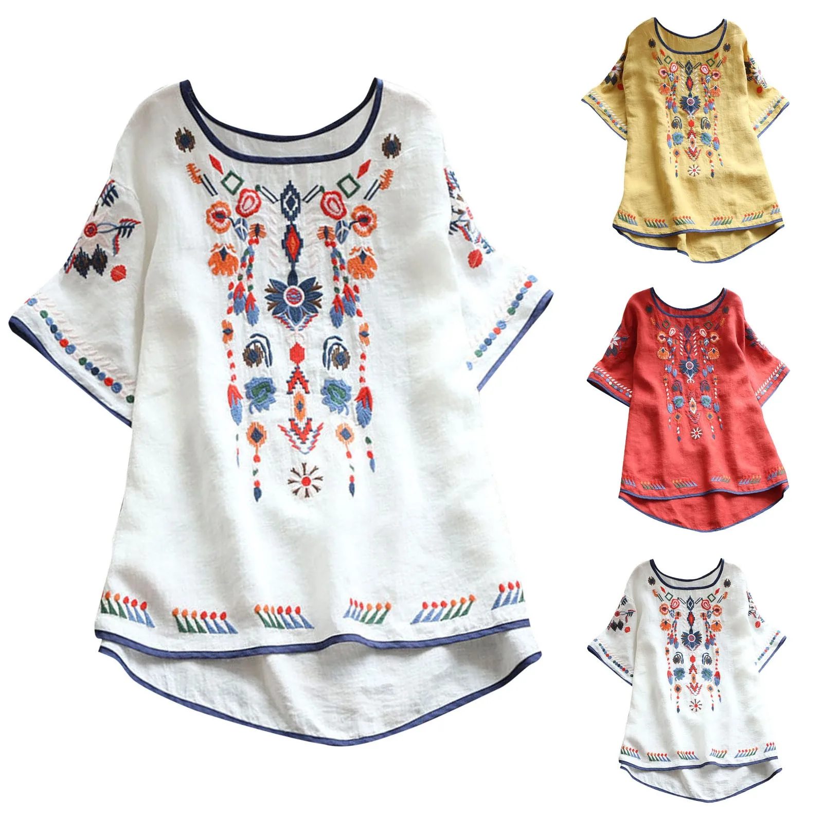 Luxury Embroidery Floral Tees Women Chinese Style Classic Loose Shirts Casual Vintage O Neck Short Sleeve Summer Blouse Tops