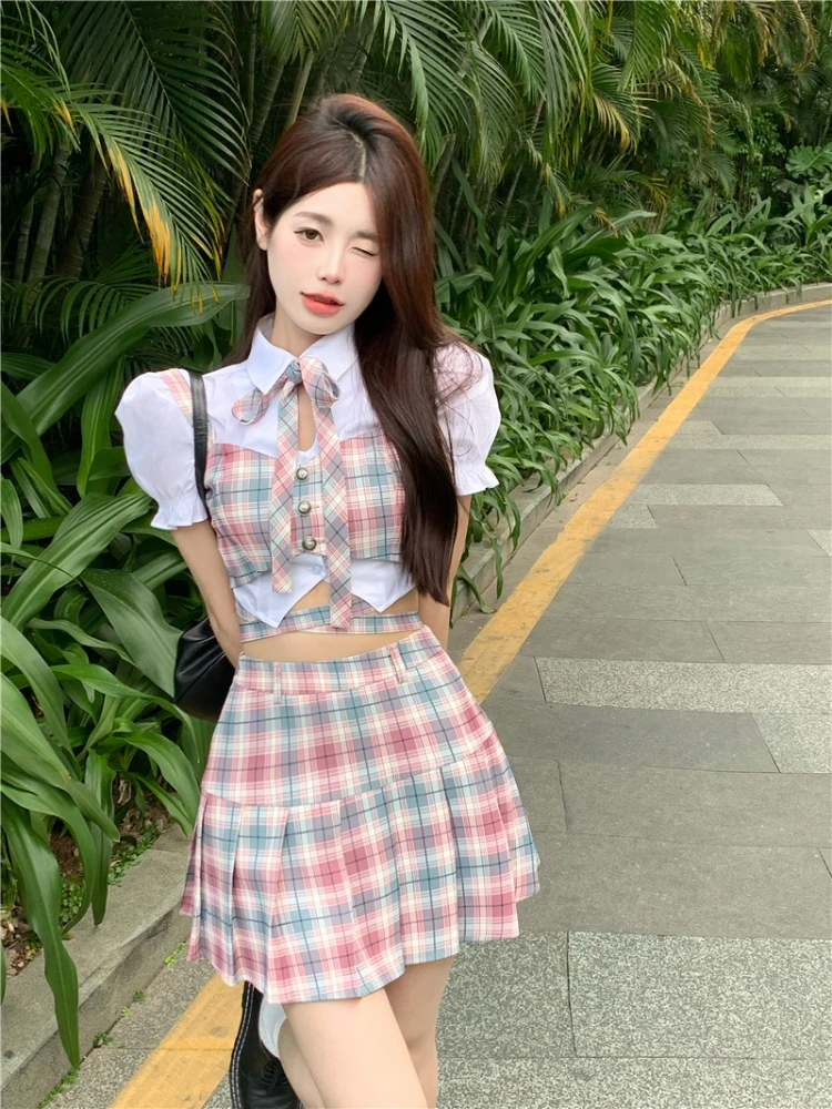 Preppy Style Three Piece Suits Women Fashion Plaid Vest + Puff Sleeve Crop Tops Shirts + Pleated Mini Skirts Sets Woman blue yellow summer fashion pregnant women cotton dress preppy style short sleeve o neck maternity a line linen dress wholesale