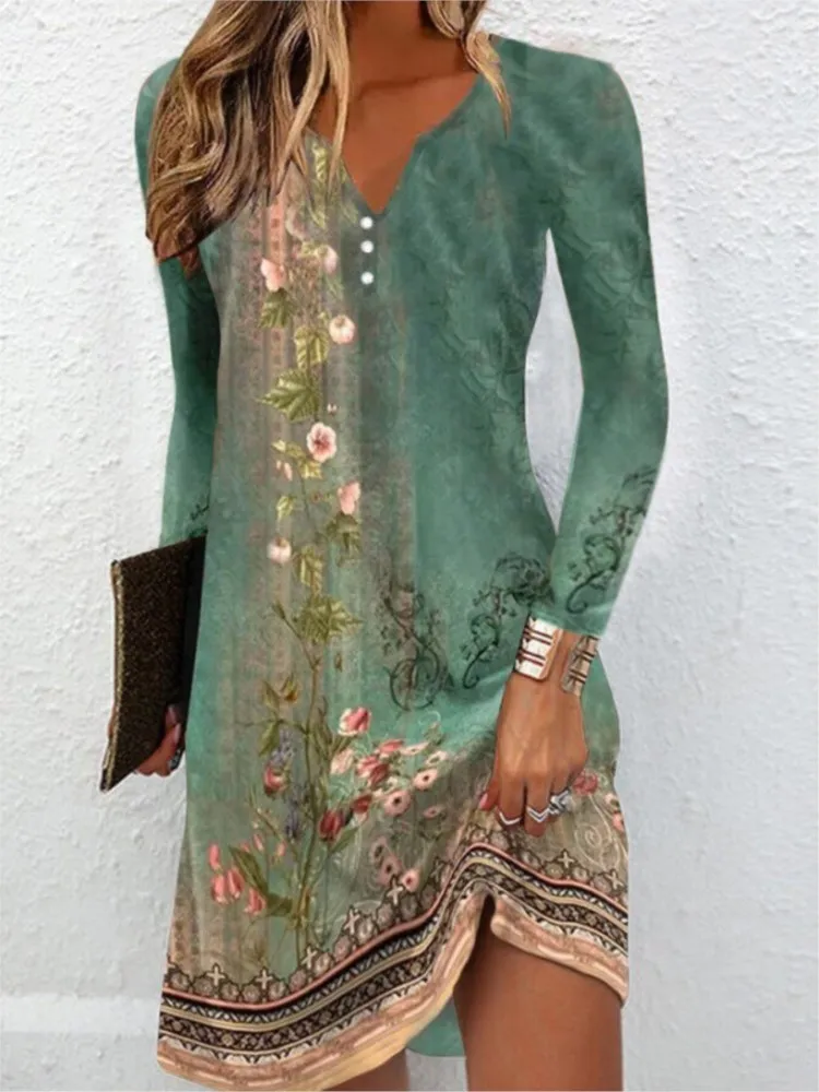 

Autumn Long Sleeve V-neck Floral Print Dress For Women 2024 Winter Casual Loose Dresses Fashion Women's Clothing