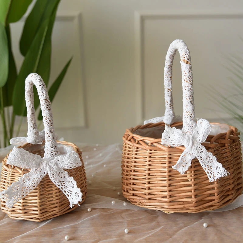 Wedding Woven Storage Basket with Handle and Ribbon Wicker Rattan Flower Basket for Wedding Birthday Party Home Garden Decor 5