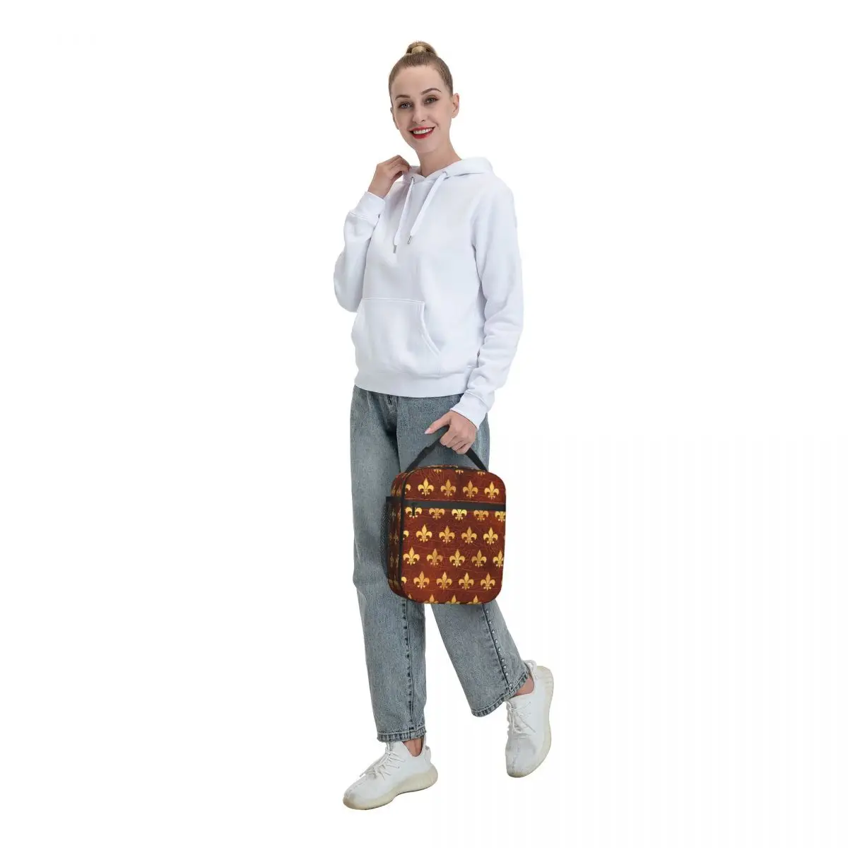 Custom Royal Gold Brown Leather Fleur De Lis Lily Flower Lunch Bag Women Thermal Cooler Insulated Lunch Box for Kids School