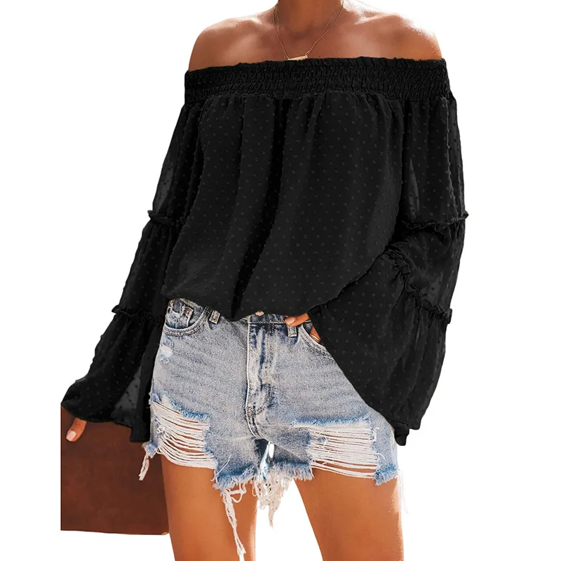 2024 Fashion One Shoulder Chiffon Shirt Women's Summer New Women's Sexy Off Shoulder One Shoulder Neck Long sleeved Top