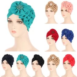 2024 Big Flowers Turbans for Women Pearls Hijab Bonnet Muslim Hat Fashion Chemo Cap for Lady Girl Wrap Head Indian Hat Inner Cap