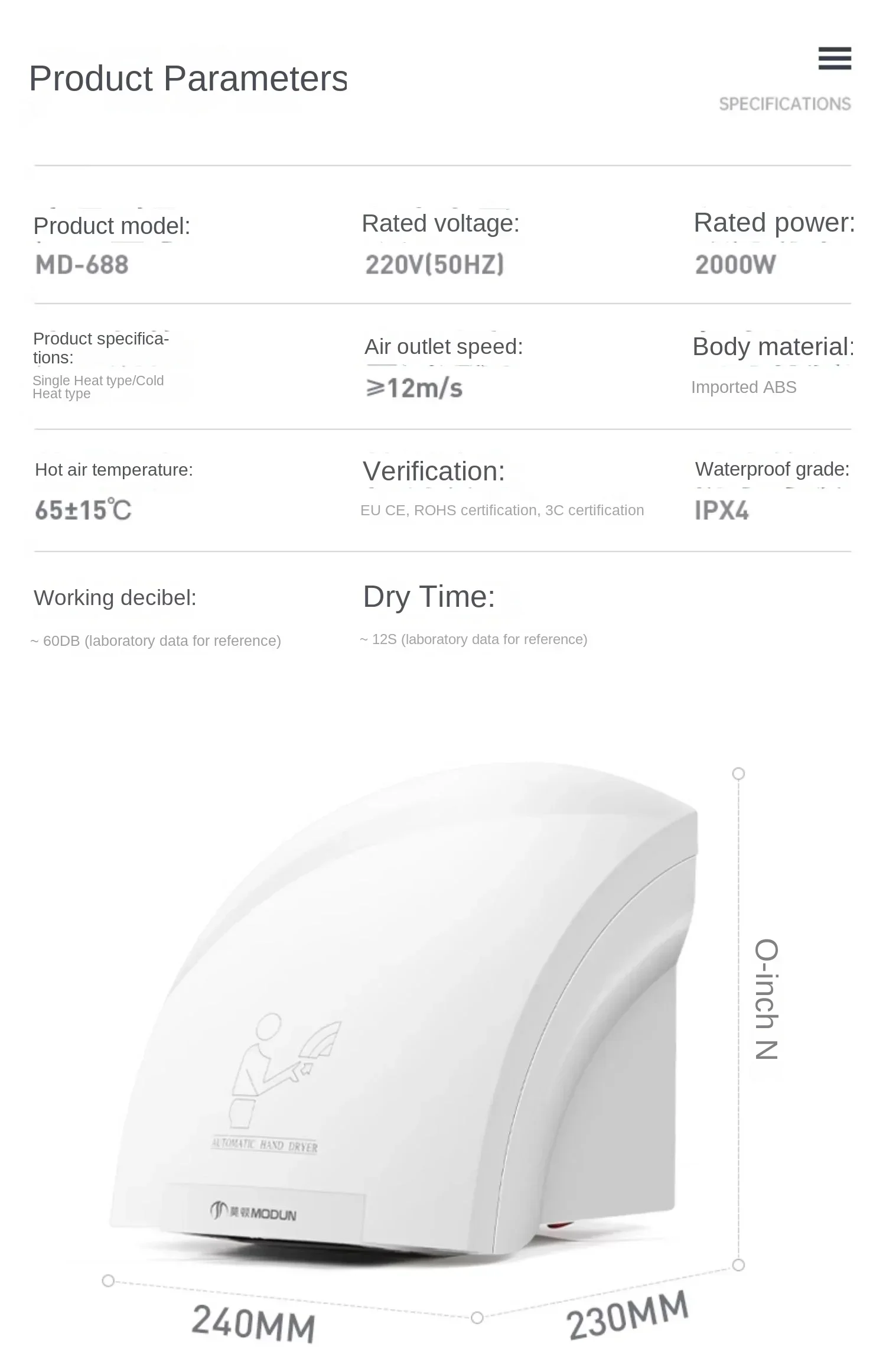 Description Picture 4 of item220V Morton Automatic Hand Dryer with Sensor, Quick Drying and Hygienic for Bathroom