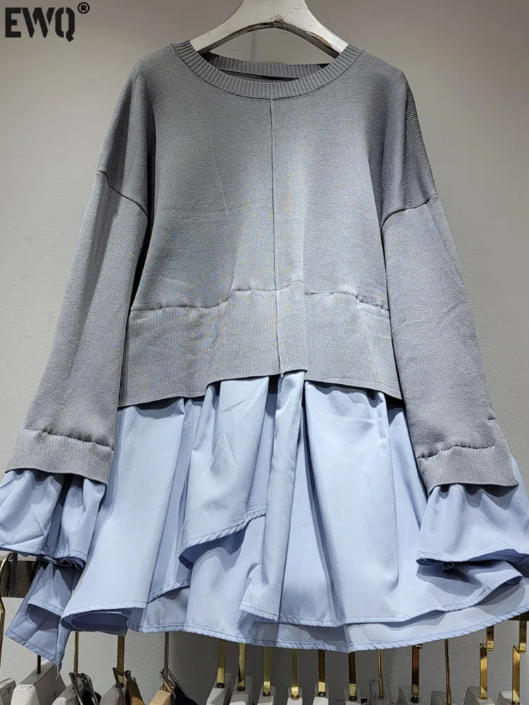 

Женский трикотажный свитшот с оборками [EWQ], черный трикотажный пуловер с длинным рукавом, с имитацией двух частей, в стиле пэчворк, модель 16U4464 на осень-зиму, 2024