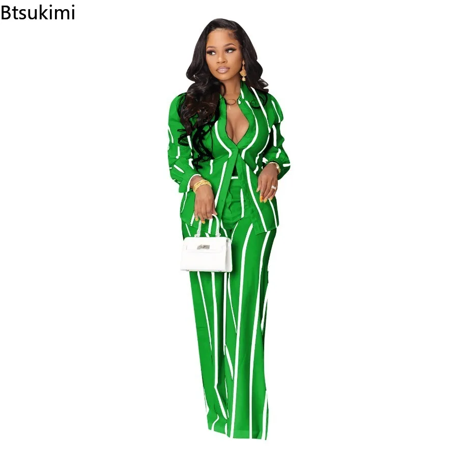 2024 Women's 2 Pieces Sets Striped Print Casual Pants Set Female Clothes Sets Long Sleeve Casual Shirts and Straight Pants Set