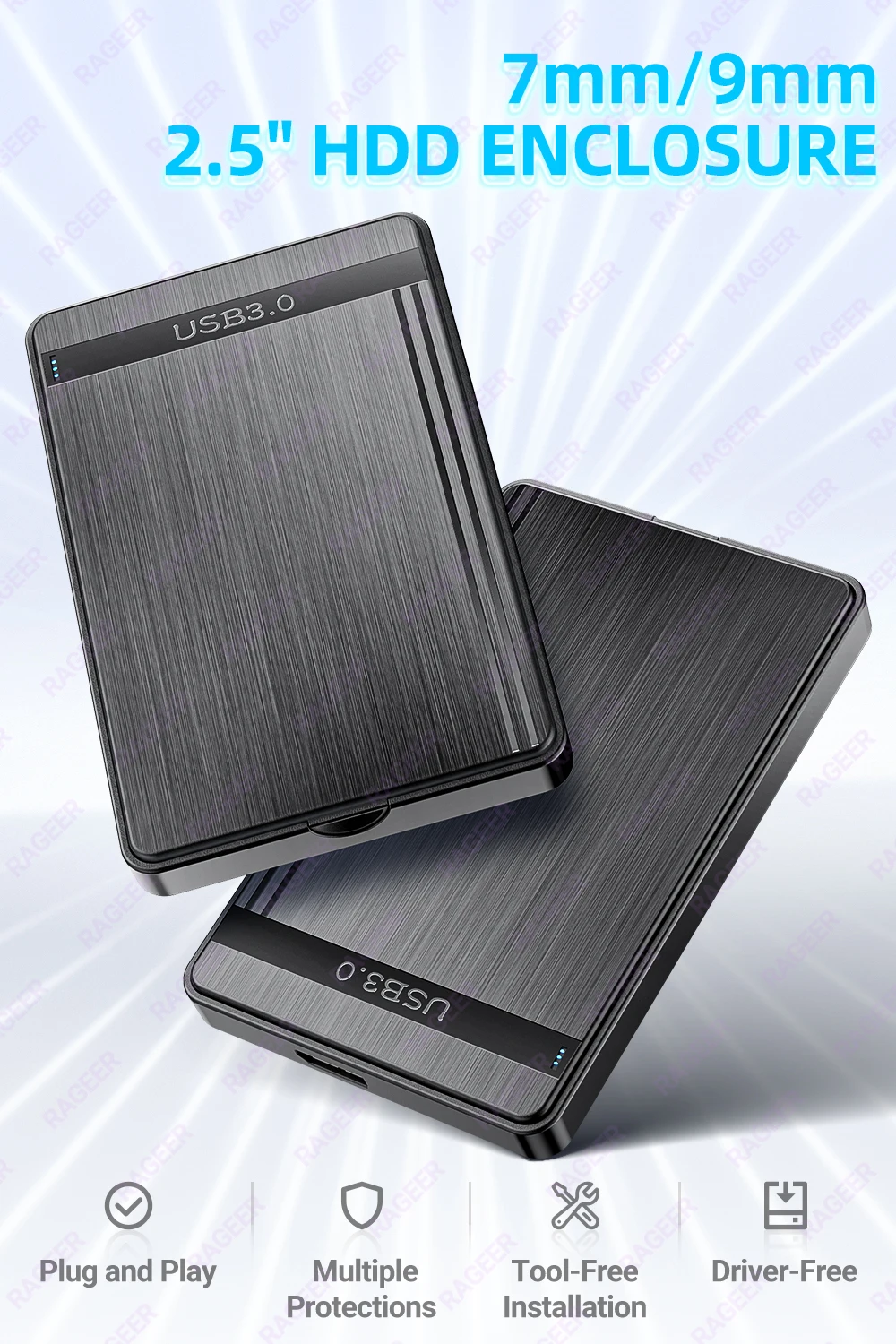 RAGEER SATA 2,5-Zoll-HDD-Gehäuse USB3.0 zu SATA 3.0 5 Gbit/s externes Festplattengehäuse für 7 mm/9,5 mm 2,5-Zoll-HDD-SSD, unterstützt UASP – Detail 1