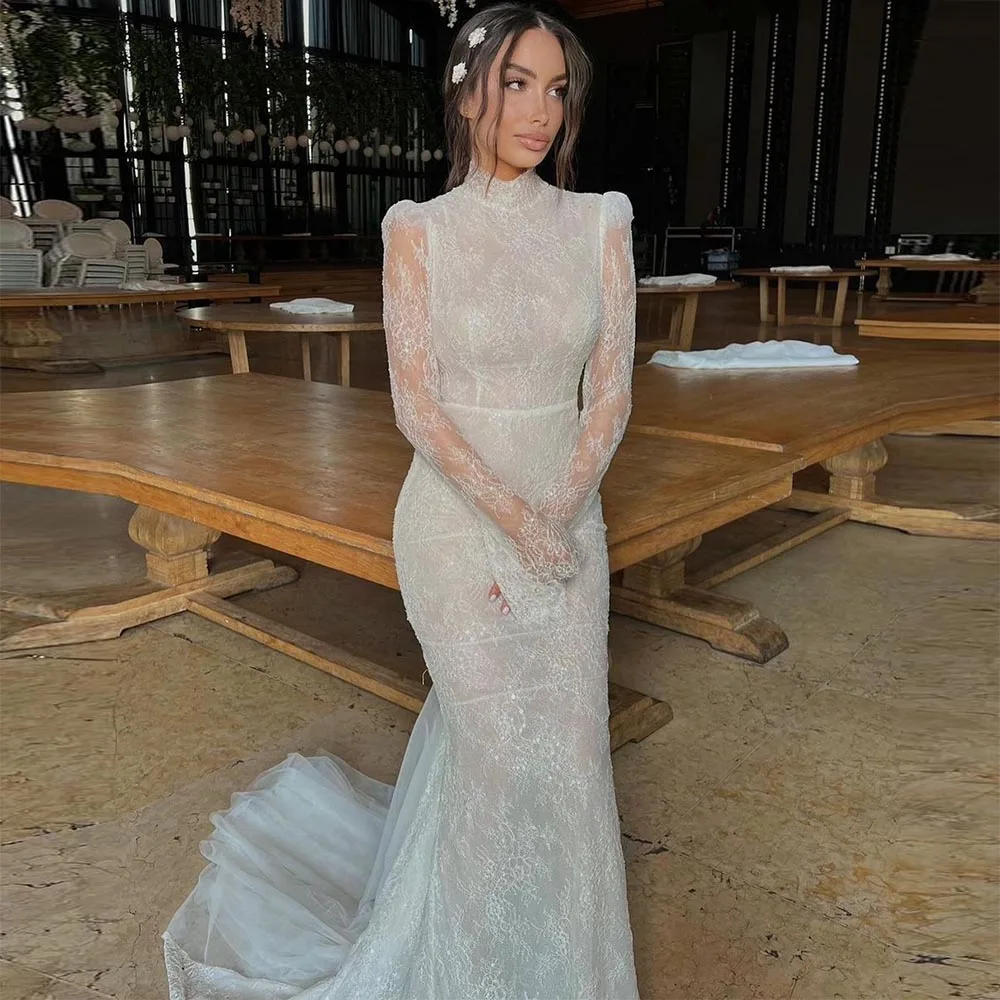 

Sevintage Vintage Mermaid Wedding Dresses 2022 Lace Appliques Long Sleeves High-Neck Country Bridal Gown Plus Size Custom Made