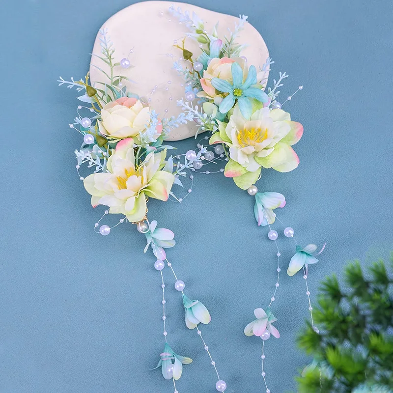 Chinesische Retro Braut Kopf bedeckung 1 Paar rosa Blumen Quaste Haars pangen Hochzeits feier Leistung Stirnband Haarschmuck – Detail 5