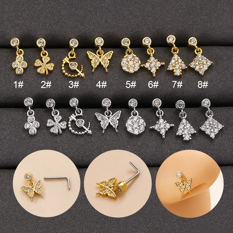 Nowy 1 Sztuk 316L Chirurgiczne Ze Stali Nierdzewnej W Kształcie Litery L Nos Szpilki Moda Kolorowe Cz Kolczyk W Nosie Indian Śruba Nos Piercing Biżute