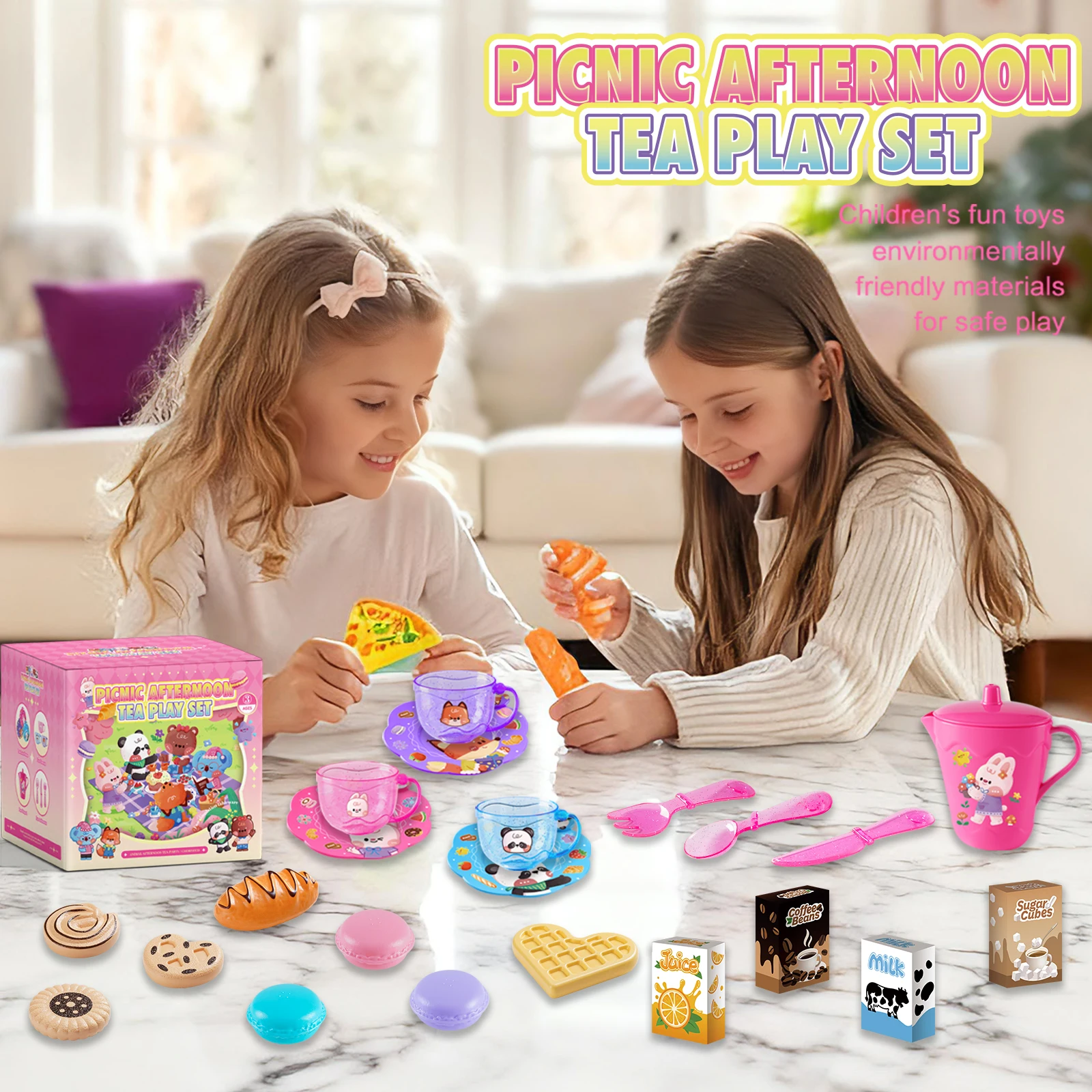 Little girl tea party set, princess afternoon tea time toy set, with food and dessert toy children's kitchen game