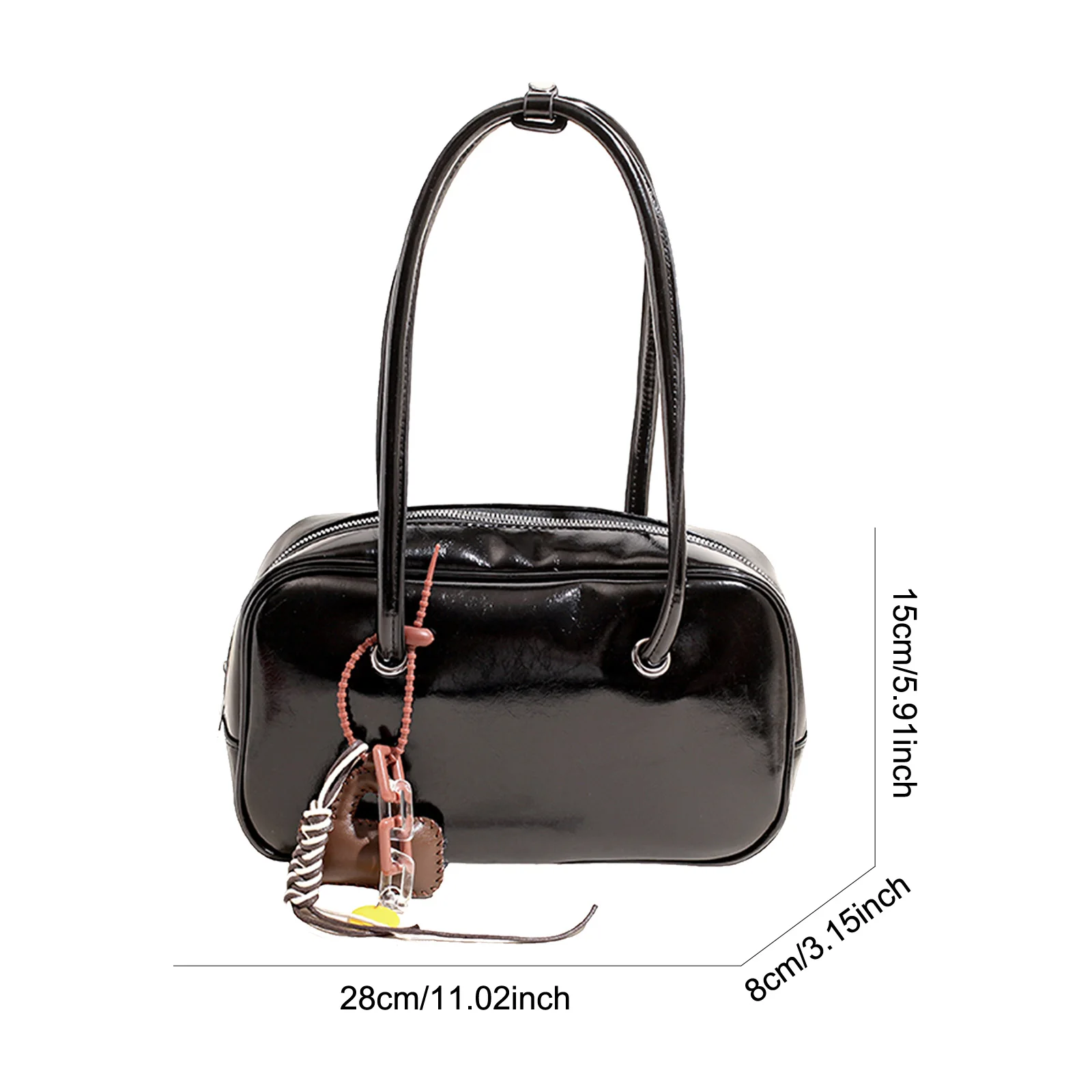 PU Leather Shoulder Bag Solid Color Versatile Bowling Bag with Pendant PU Leather Underarm Bag for Women and Girls
