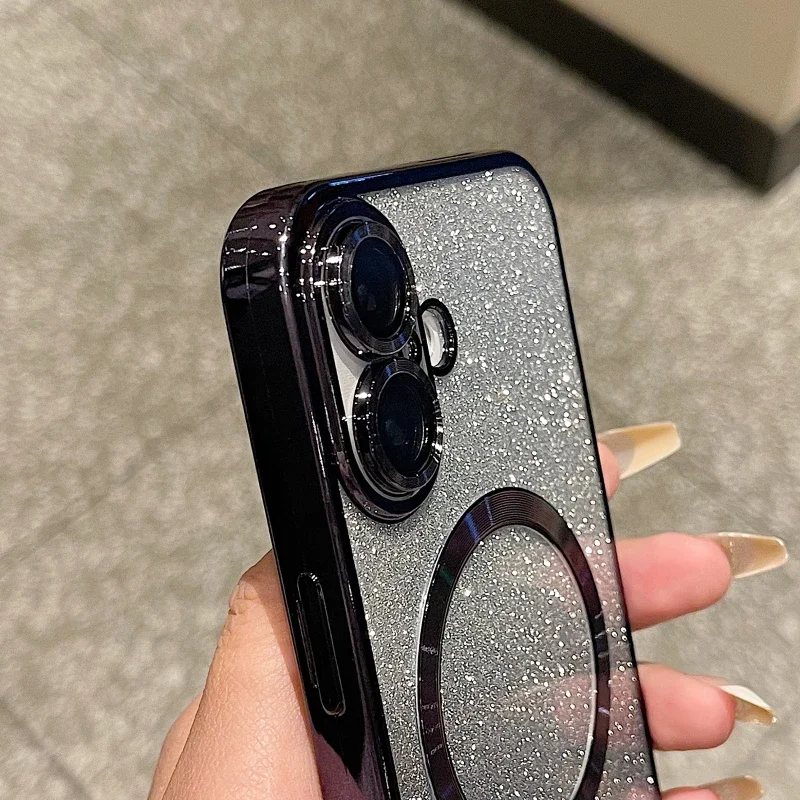 Coque de téléphone souple magnétique à paillettes de luxe pour iPhone 16 15 14 13 12 11 Pro Max Plus, coque de chargement sans fil antichoc_voghion.com