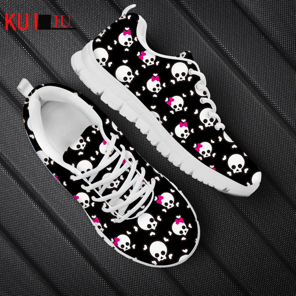 

KUILIU Summer Flat Shoes Women Sketch Cartoon Skeleton Skull Printed Women's Sneakers Shoes Breathable Mesh Flats Female Shoes