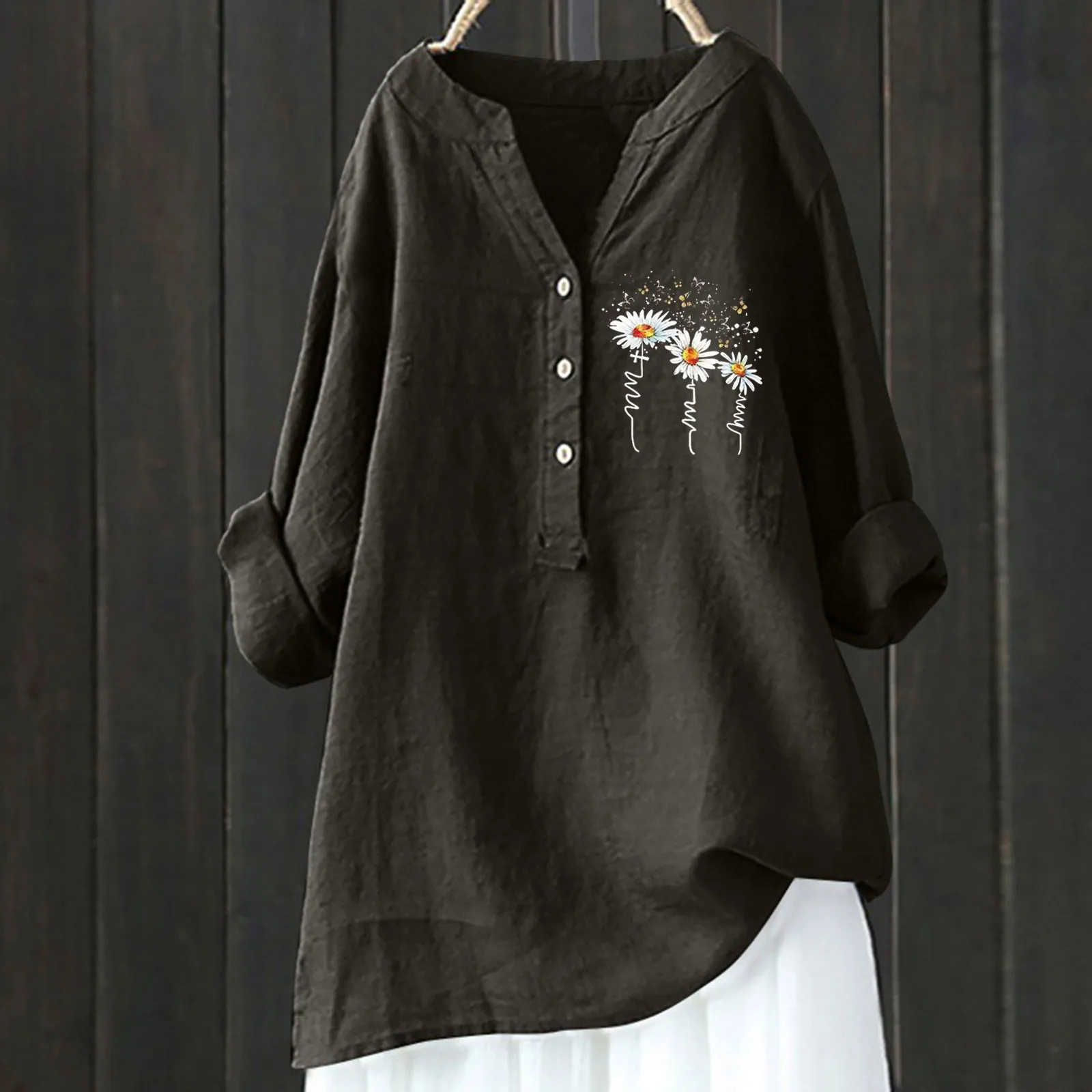 

Summer Long Sleeved Casual Printed Shirt Vintage Button Loose Long Sleeved Blouse Solid Color V Neck Casual Fashion Linen Tops