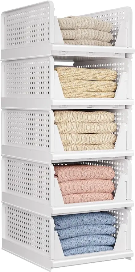 

5 Pack Folding Closet Organizers Storage Box, Stackable Storage Bins Plastic Drawer Basket Closet Storage for Wardrobe Cupboard