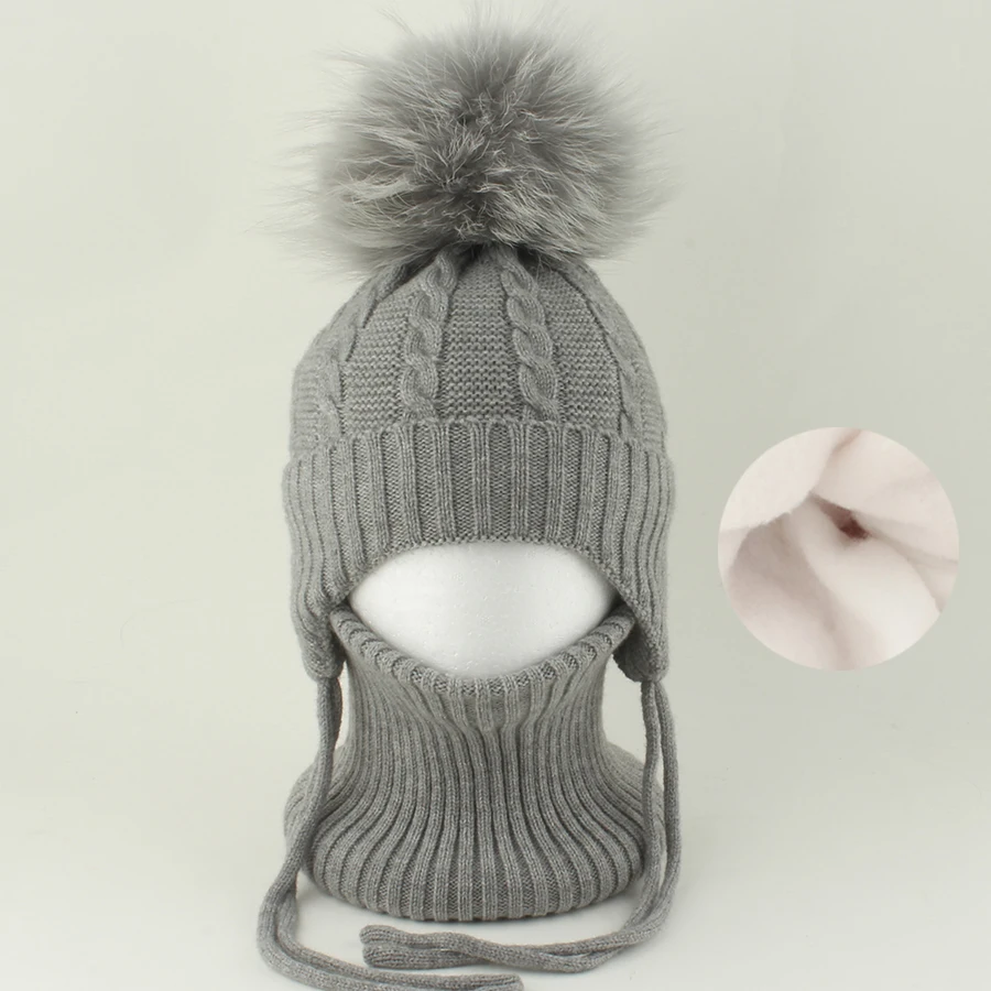 NEUE Winter Hohe Qualität Gestrickte Wolle Beanie Hut Hals Set Echtpelz Ball Hut Kinder Junge Mädchen Dicke Warme Fleece Outdoor Baby Mütze 1-6Y – Detail 10