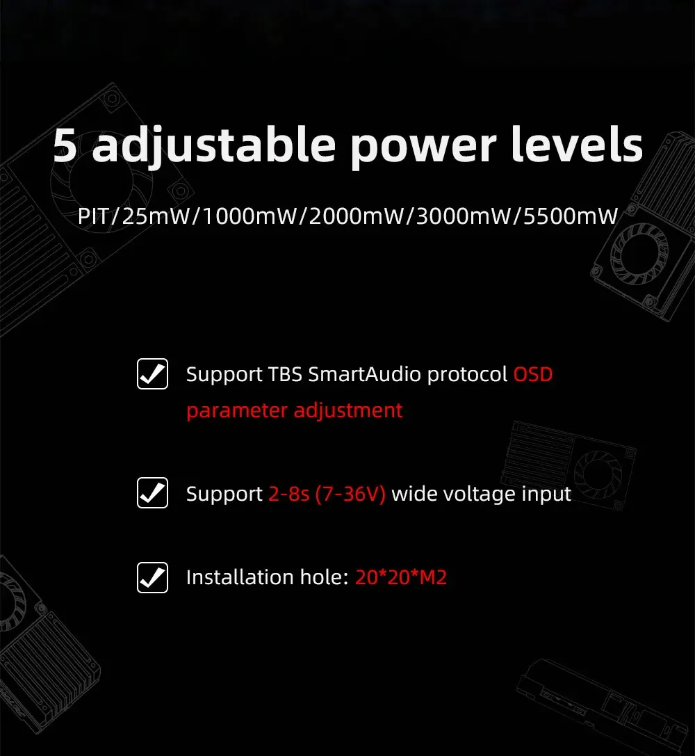 4,9G 5,8G 5,5W High Power VTX Videoübertragung Einstellbare Leistung Luftaufnahmen Reise FPV Drohne VTX – Detail 3