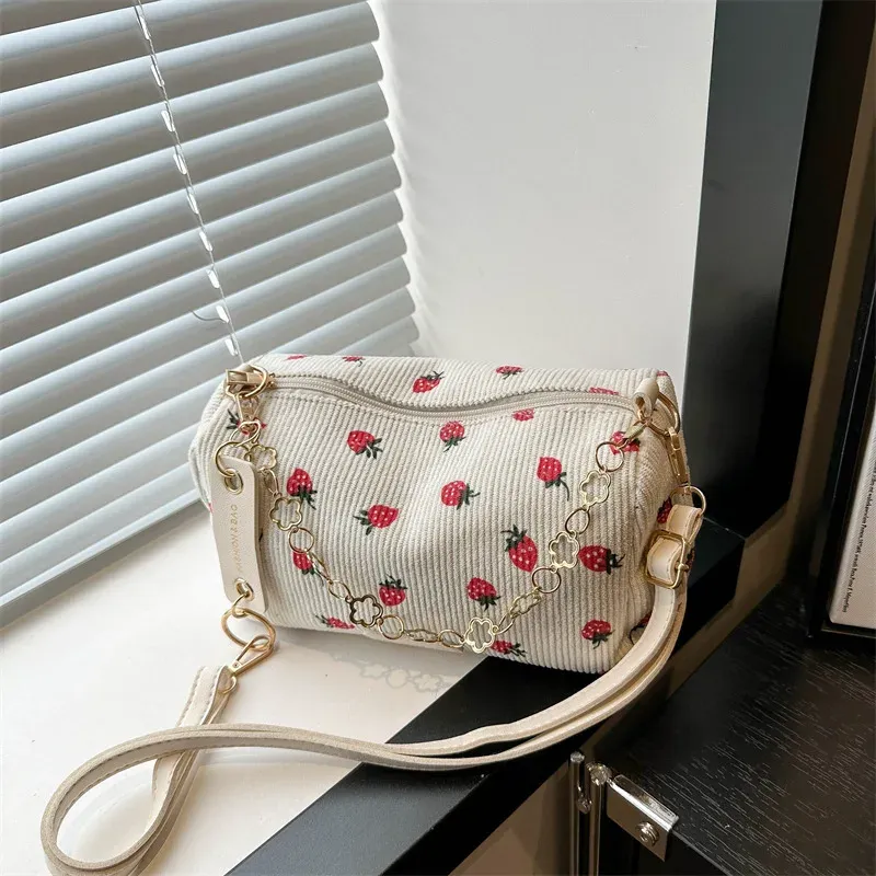 New Corduroy Small Fresh Strawberry Crossbody Bag Chain Fashion Niche Pillow Bag Casual Versatile Commuter Underarm Bag