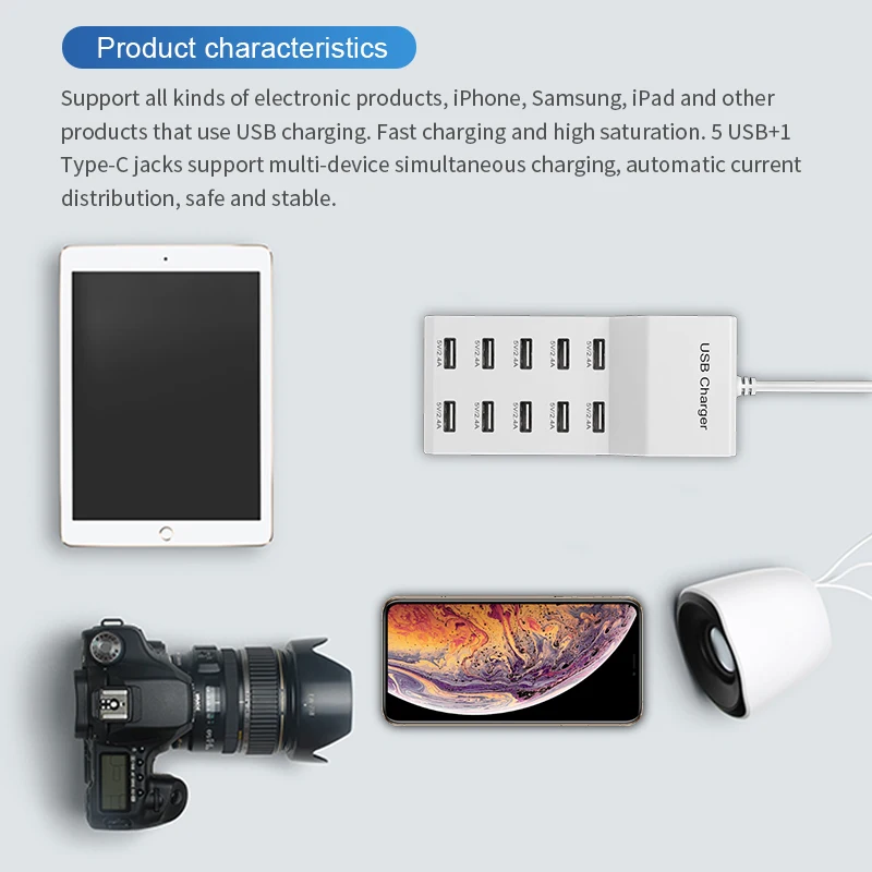 Hub ad alta velocità a 10 porte da 5 V, multipresa CA, adattatore di alimentazione USB portatile per casa, ufficio, viaggi, caricabatterie da parete con spina europea._voghion.com