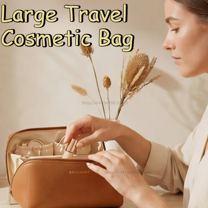 Travel Makeup Bag with Double Zipper Large Capacity Cosmetic Organizer with Handle, Portable Toiletry Storage for Women