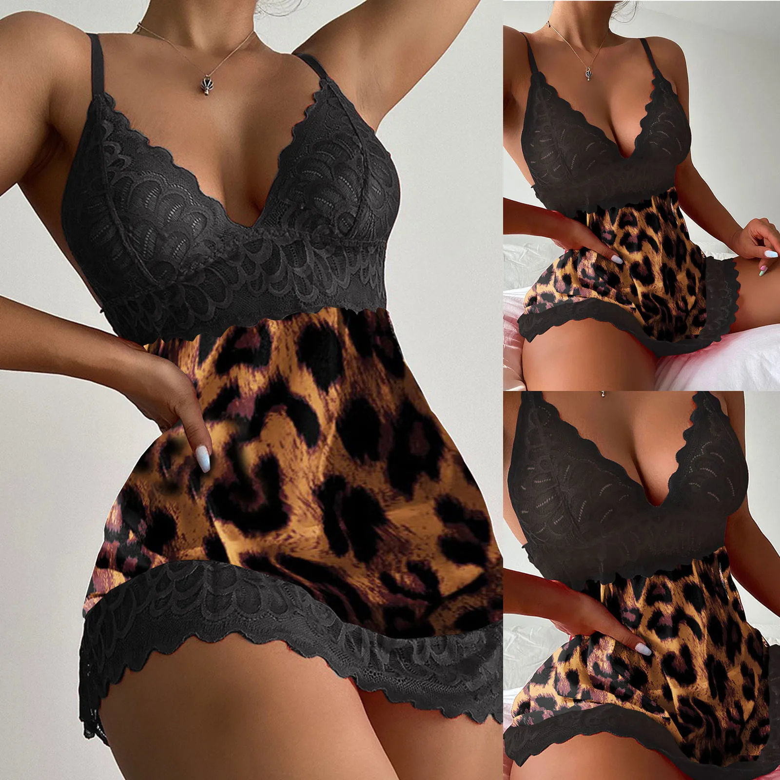 Sexy Lingerie Leopard Lace Nightdress Female Erotic Costumes Women Sleepwear with Panties Underwear Set Erotic Babydolls_voghion.com