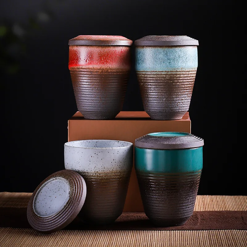 

150ML Ceramic Coffee Tumblers Stoneware Cappuccino Cup with Lid Handmade Pottery Mug No Handle