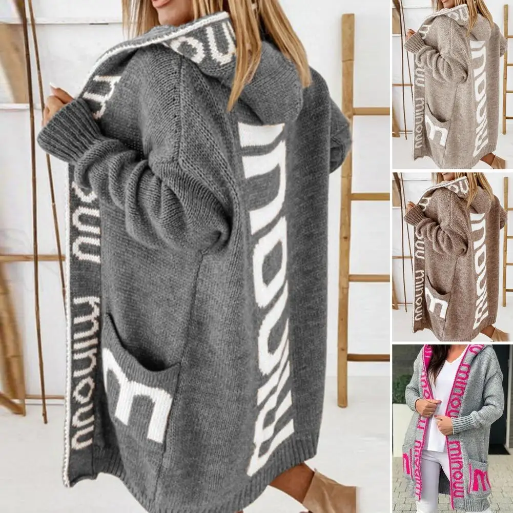 

Trendy Sweater Jacket Loose Fit Warm Coldproof Cardigan Style Letter Printing Hooded Sweater Coat