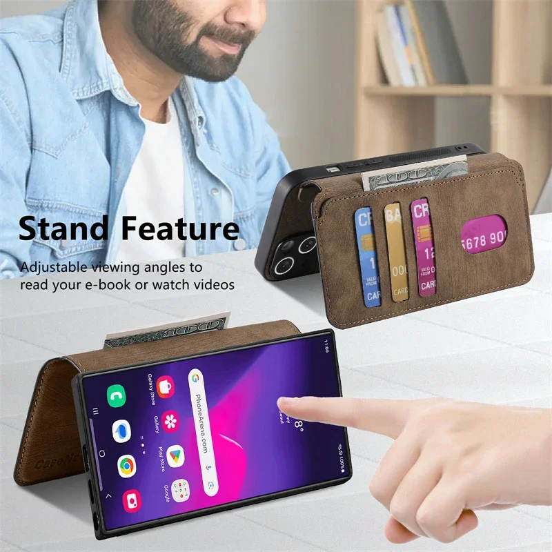 MagSafe Flip Leather Wallet Phone Case with Removable Magnetic Card Holder
