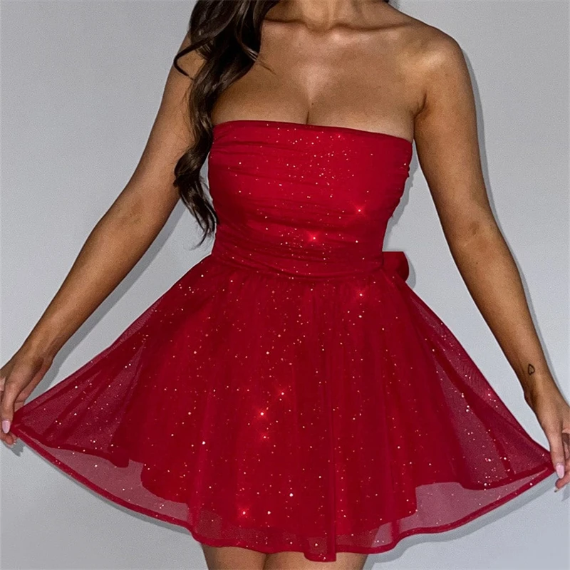 

Colorful sparkling women's strapless bow short skirt with straps, slim fit, buttocks wrapped skirt mini skirt elegant and sexy