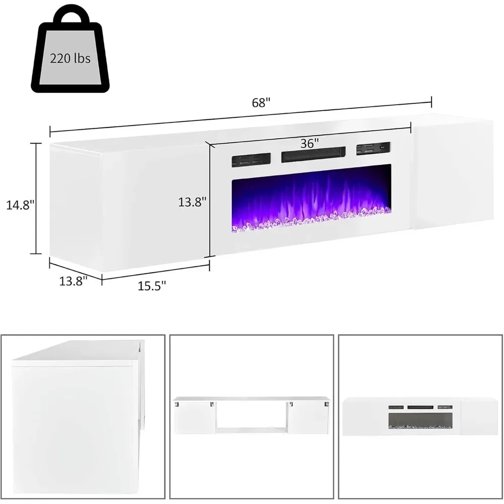 Floating TV Stand with 36 Electric Fireplace, High Gloss Finish Wall Mounted Fireplace Entertainment Center with Storage for TVs 2
