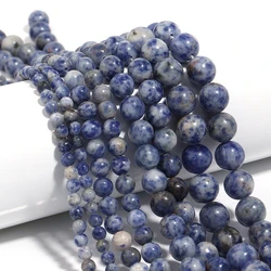 Natural Stone Round Beads - Tiger Eye, Amethyst, Agate, Jade for Jewelry Making & DIY Projects (Blue Dot)
