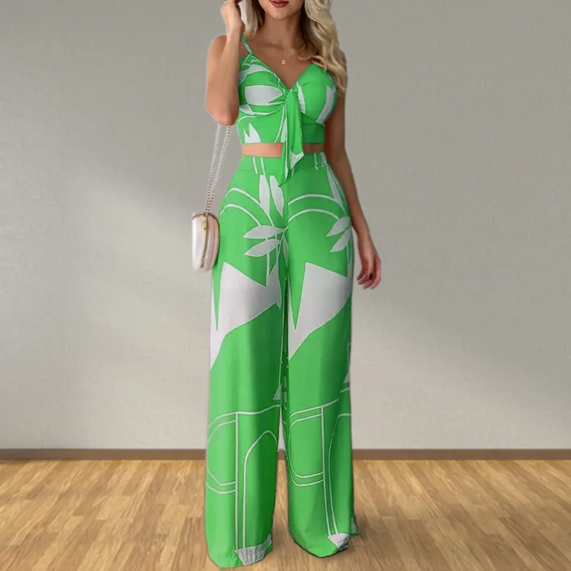 Resort-style Printed Two-piece Kink Suspender Set High-waisted Wide-leg Pants Set For Casual Commuting Daily Use 2-pieces Outfit