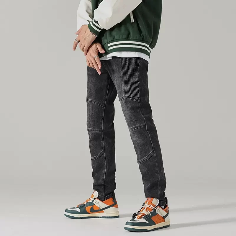 Street Fashion Men Jeans Retro Black Gray Elastic Stretch Slim Fit Biker Jeans Homme Spliced Designer Patched Hip Hop Pants Men