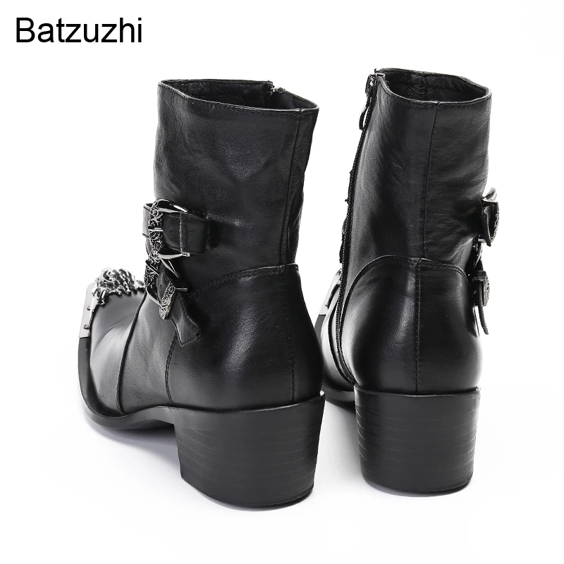 Batzuzhi Men Boots Rock Western Cowboy Pointed Metal Toe Black Genuine Leather Ankle Boots Men 6cm High Heels Knight/Party Botas