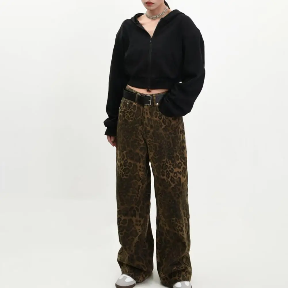 Unisex Jeans Leopard Print Hip Hop Wide Leg Loose Straight Pockets Button Zip Streetwear Trousers luckymarche standard pocket trousers for unisex qupnx23201khx