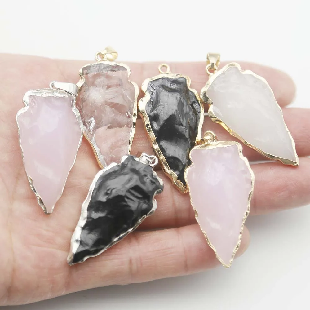 Electroplated Wrap Edge Arrow Shaped Triangle Obsidian Rose Quartz Pendants Jewelry DIY Popular Pendant Necklace Wholesale 6Pcs