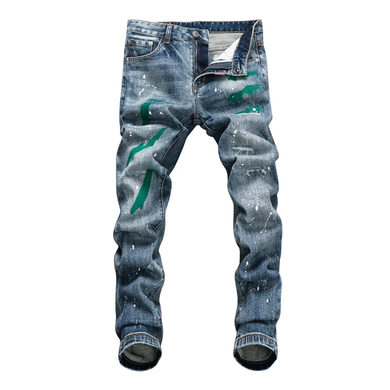 Street Fashion Men Jeans Retro Blue Elastic Slim Ripped Jeans Men Stretch Trousers Painted Designer Hip Hop Denim Pants Hombre